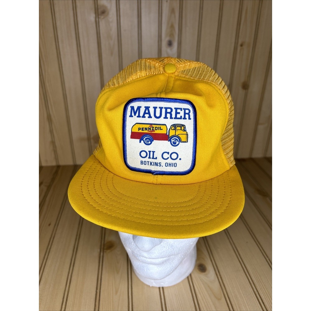 Vintage Maurer Oil Co. Pennzoil Trucker Hat Snapback Yellow Cap USA Farming